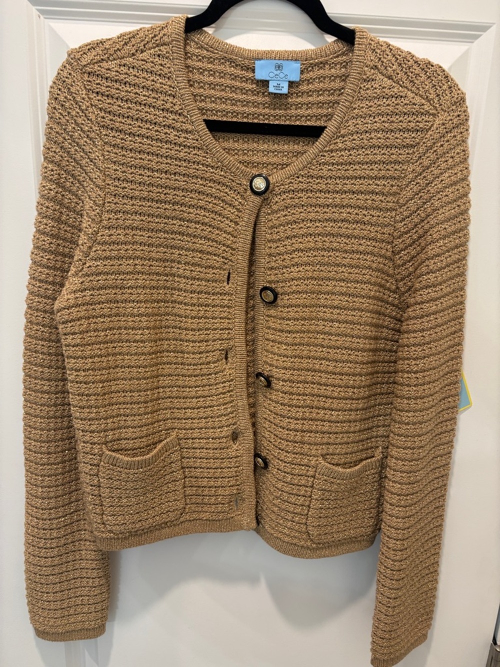 CeCe Camel & Metallic Gold Knit Button-Front Cardigan